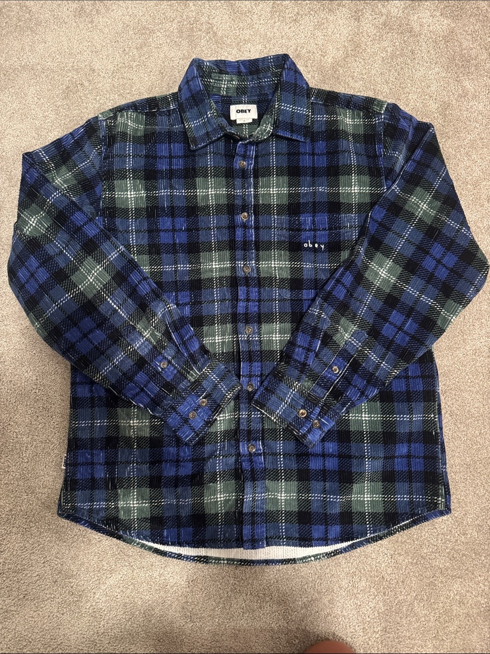Obey Blue and Green corduroy  Plaid Button-Up Shirt